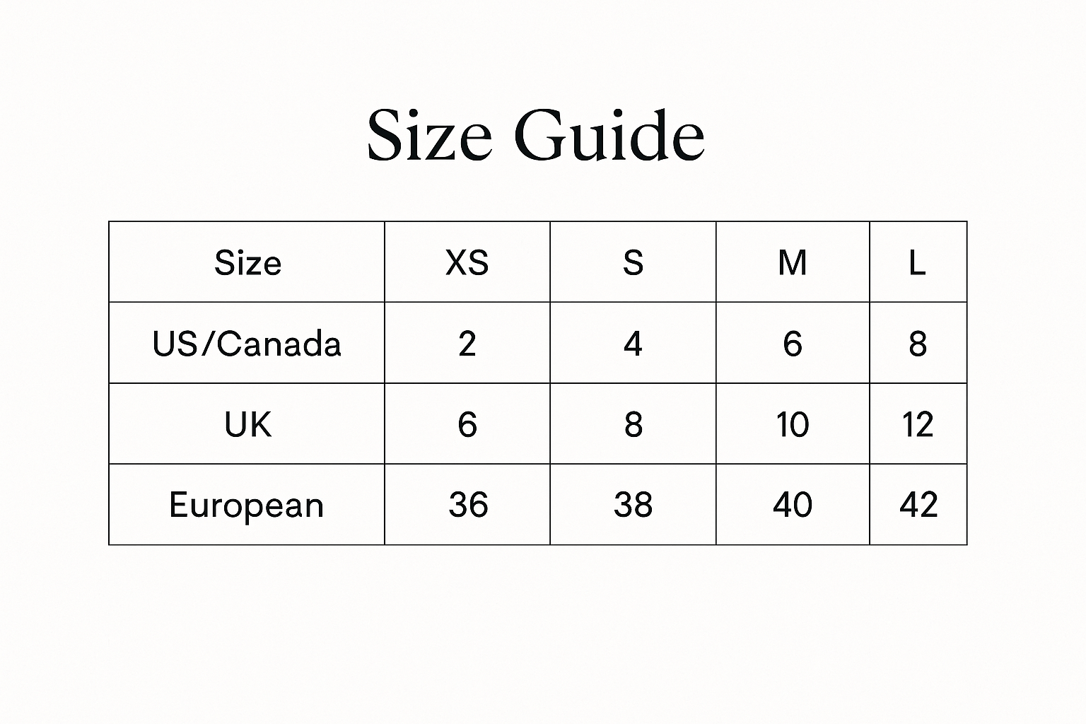 Size Guide Table showing XS, S, M, and L with US/Canada, UK, and European sizing conversions